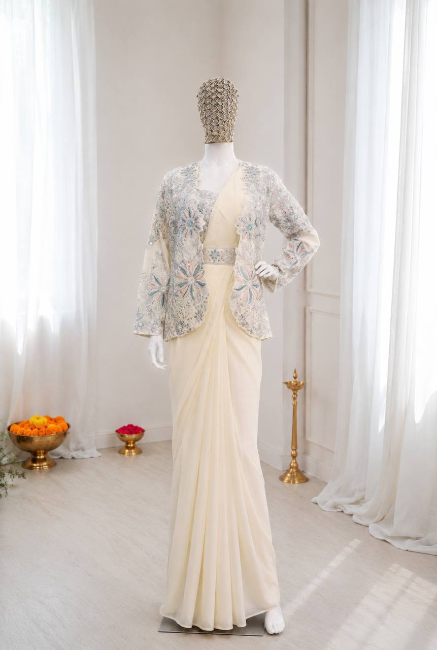 Elegant Cream Ready-to-Wear Saree with Embroidered Designer Jacket & Belt