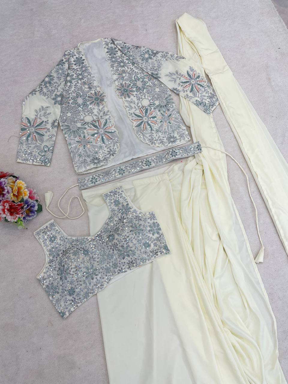 Elegant Cream Ready-to-Wear Saree with Embroidered Designer Jacket & Belt