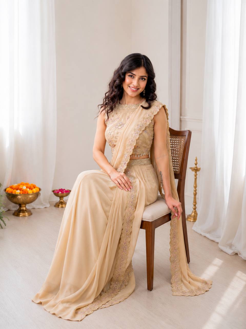 Champagne Beige Ready-to-Wear Lehenga Saree for Women