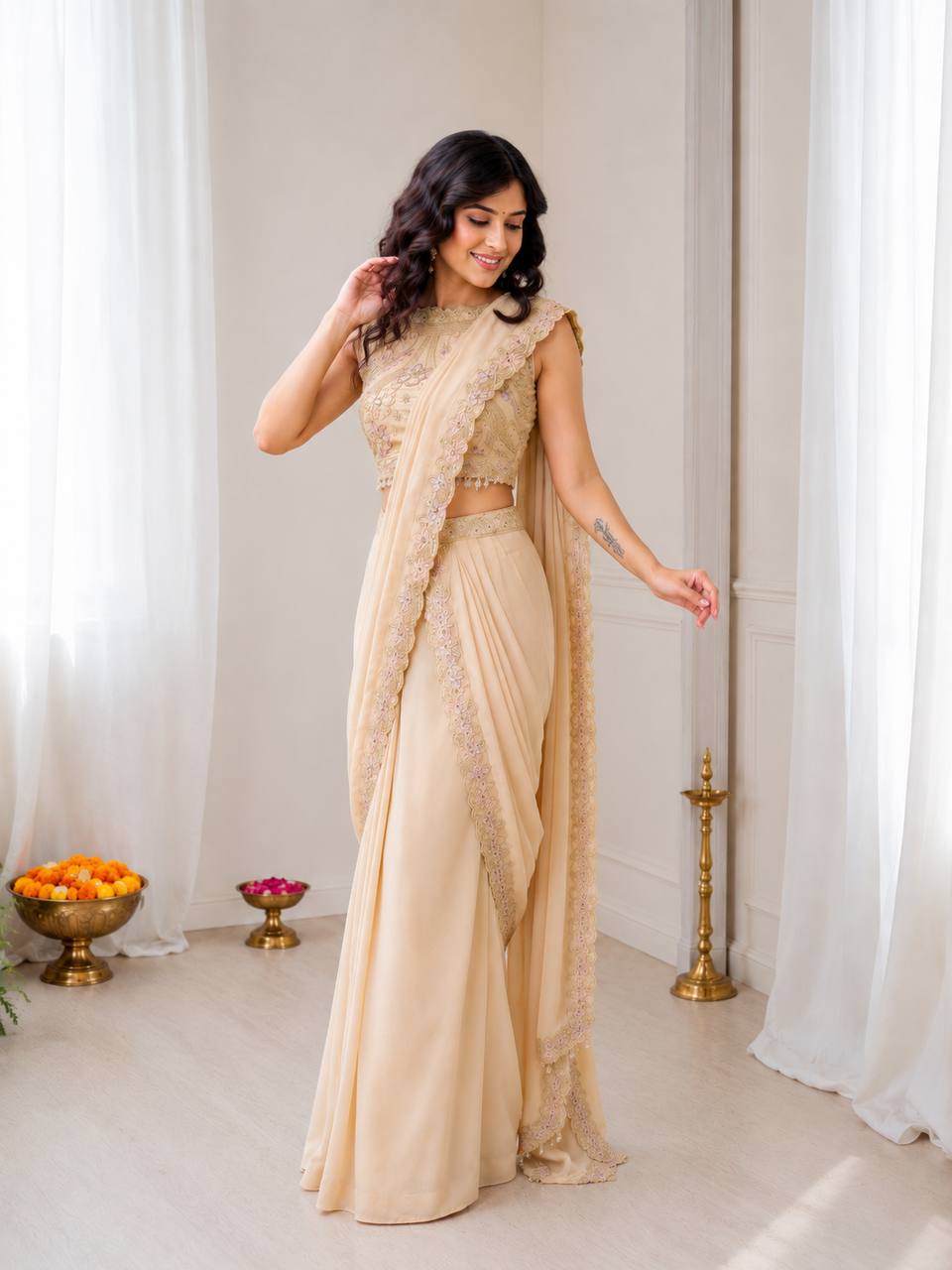 Champagne Beige Ready-to-Wear Lehenga Saree for Women