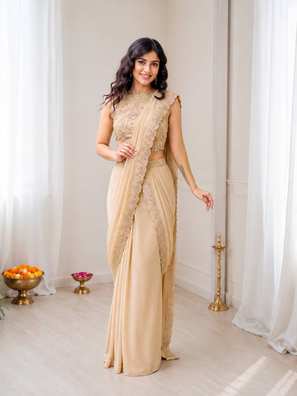 Champagne Beige Ready-to-Wear Lehenga Saree for Women