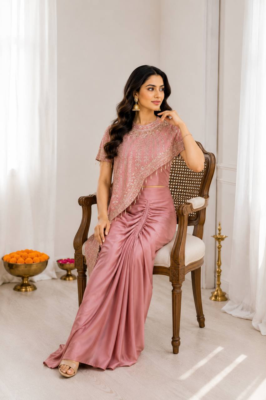 Luxury Rose Pink Draped Saree with Embroidered Cape