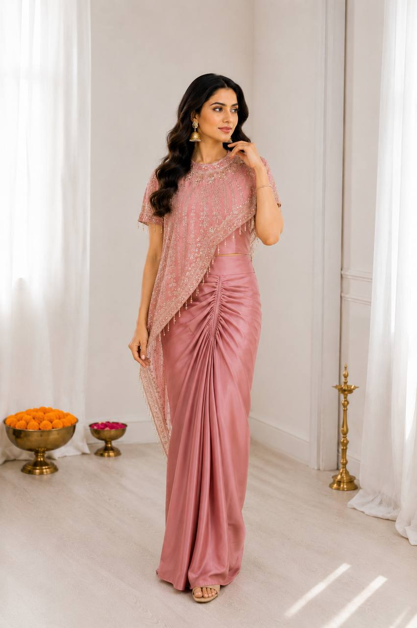 Woman in a pink saree with a matching blouse