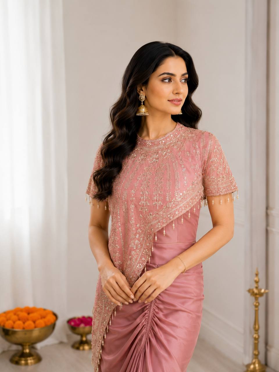 Party Wear Rose Pink Indo-Western Saree Set