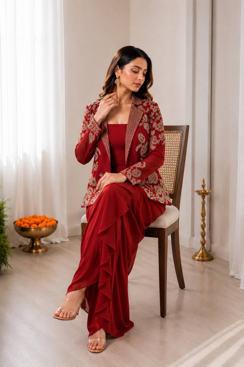 Woman in a red outfit with intricate patterns.