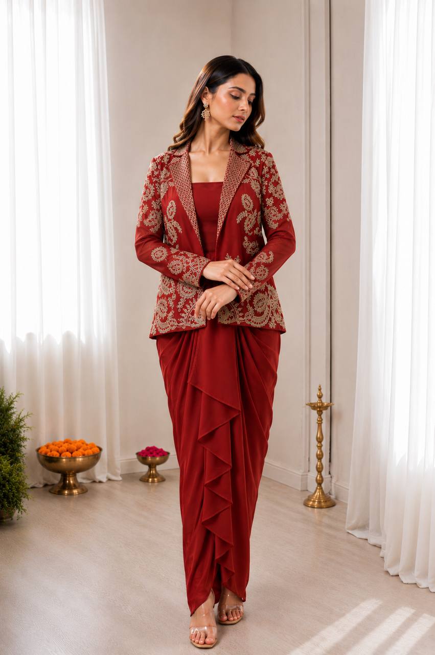 Brick Red Indo-Western Dhoti Skirt Set | Party Wear for Women