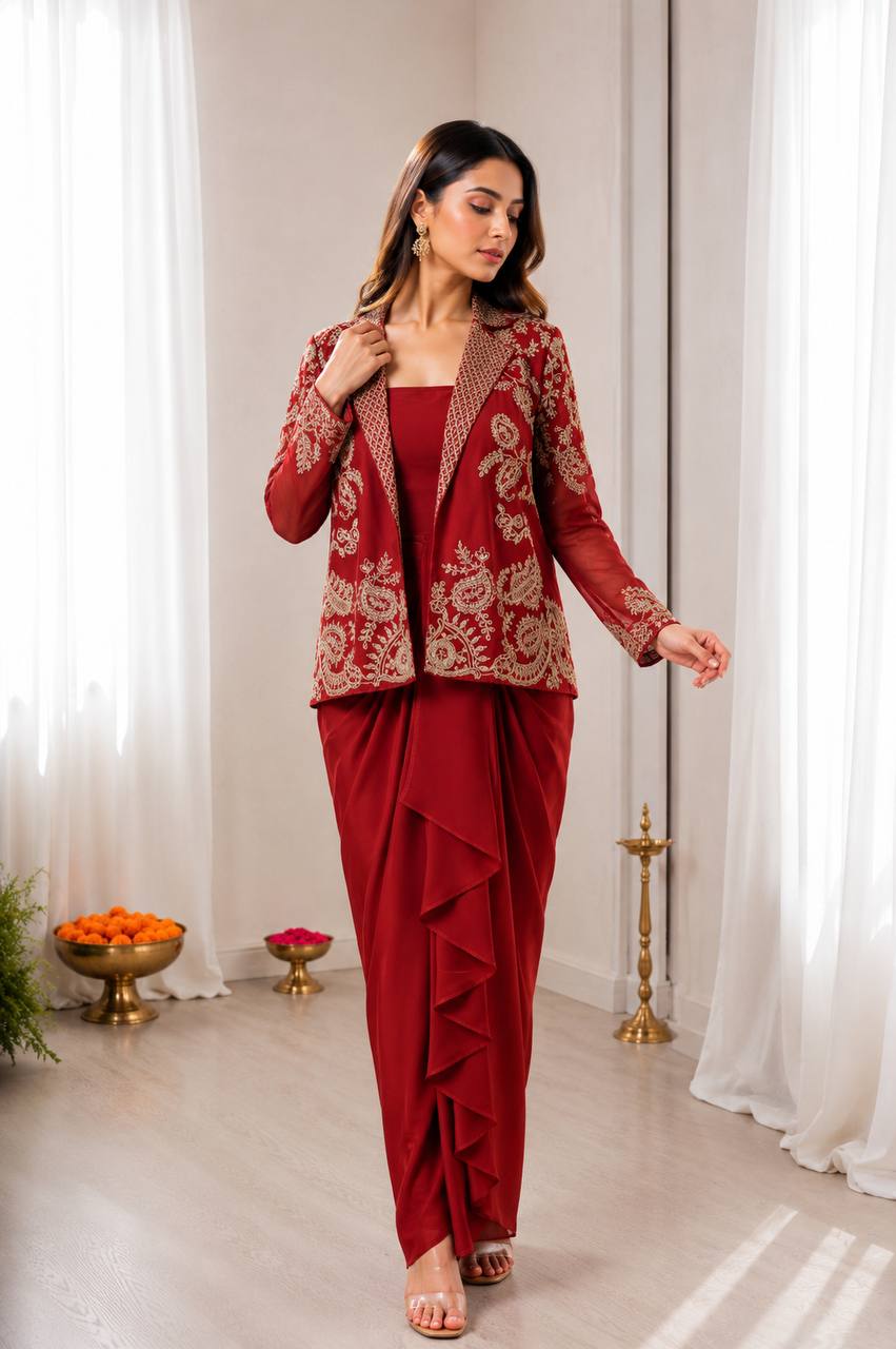 Brick Red Indo-Western Dhoti Skirt Set | Party Wear for Women