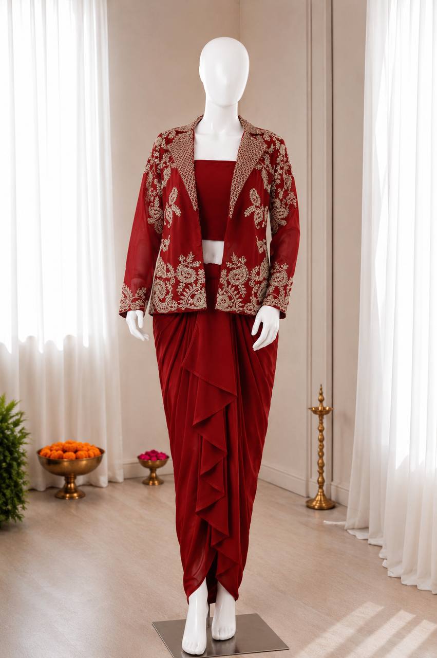 Red outfit with intricate gold embroidery design.
