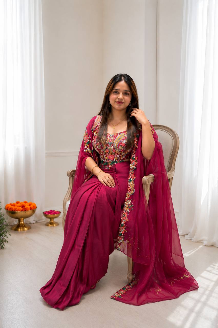 Women's Wine Ready-to-Wear Draped Saree with Cape