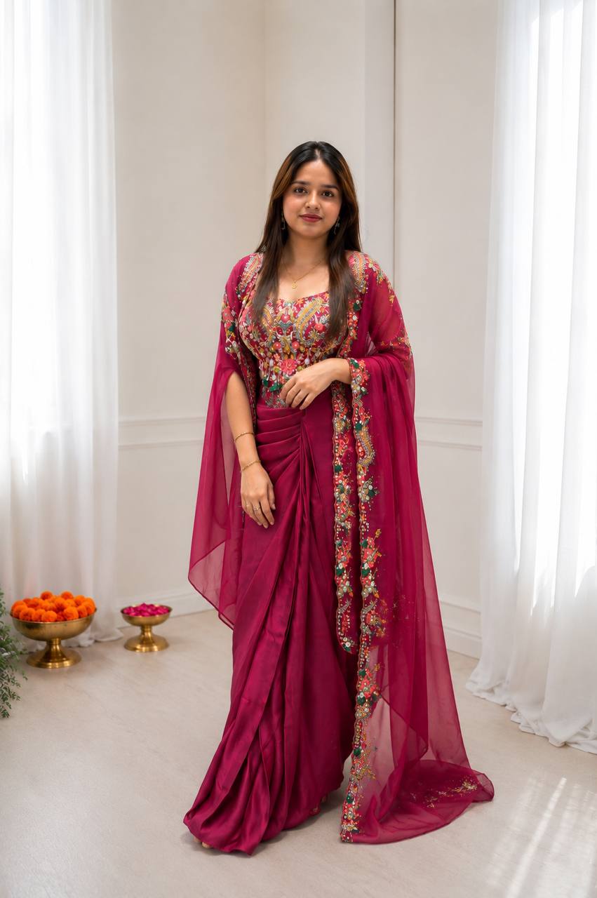 Premium Wine Party Wear Indo-Western Saree Set