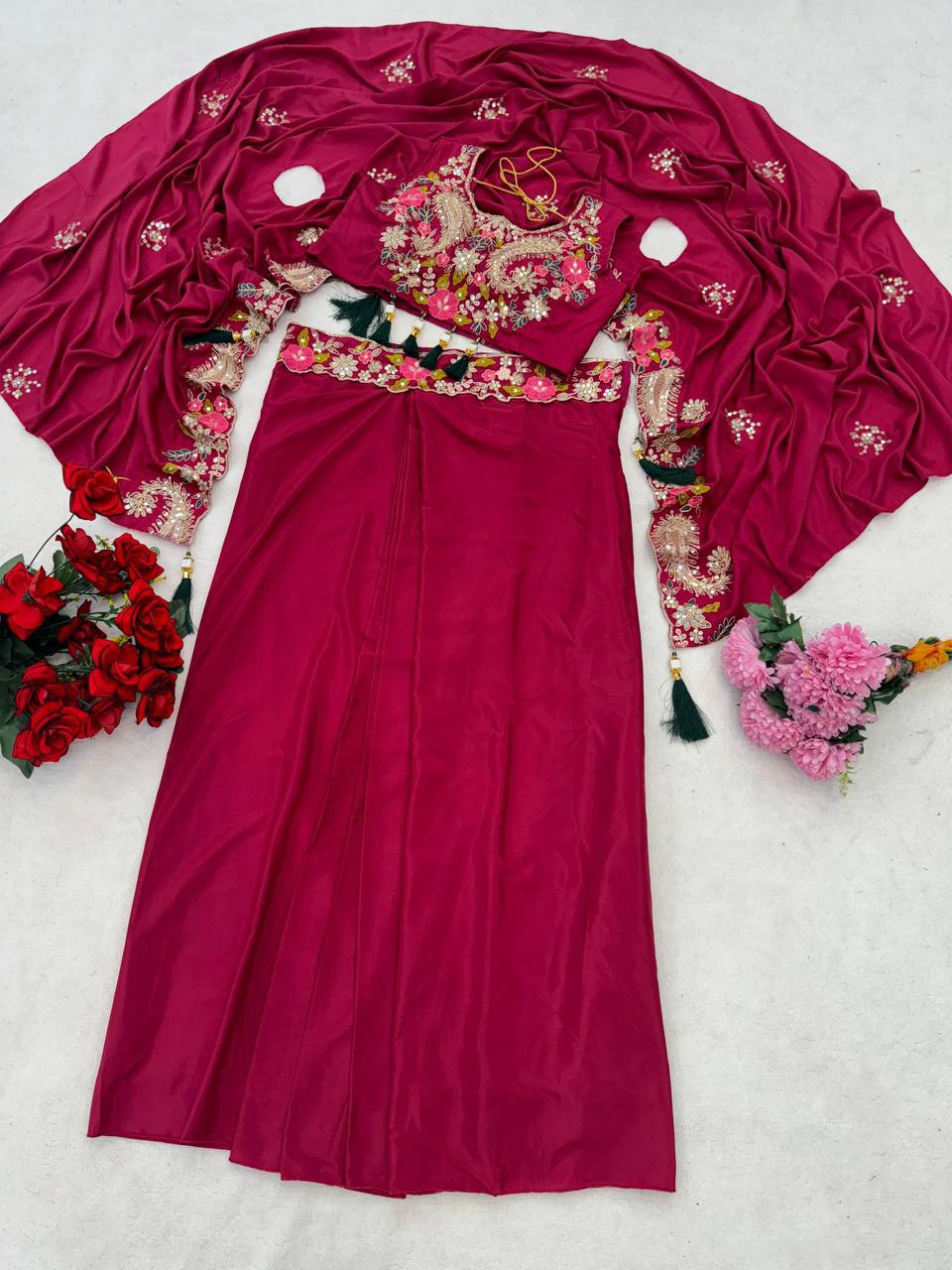 wine traditional outfit with floral embroidery Design