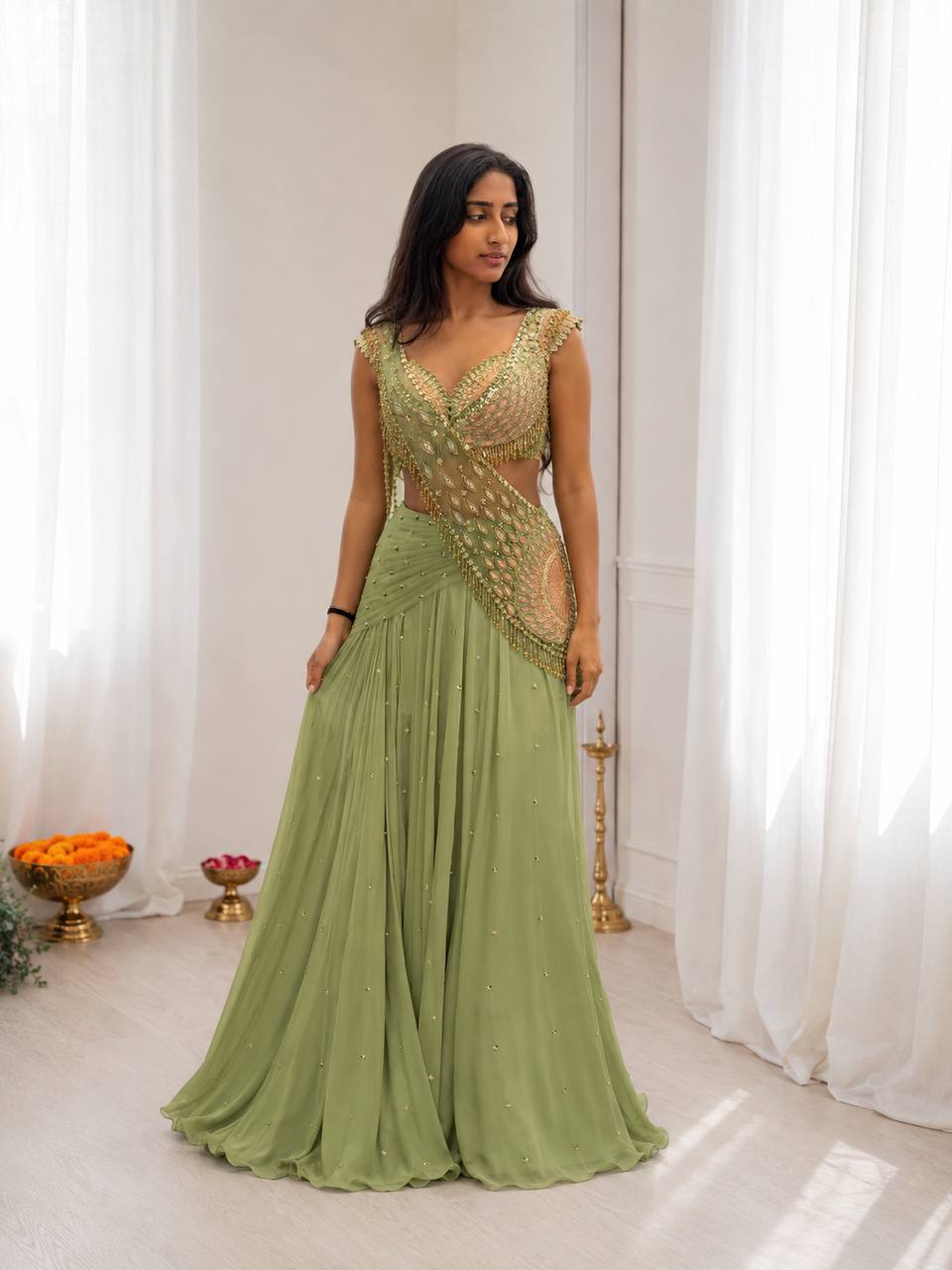 Designer Pista Ready-to-Wear Lehenga Saree with Embroidered Blouse