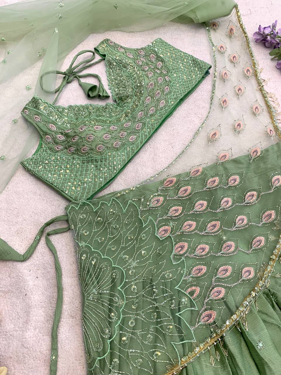 Designer Pista Ready-to-Wear Lehenga Saree with Embroidered Blouse
