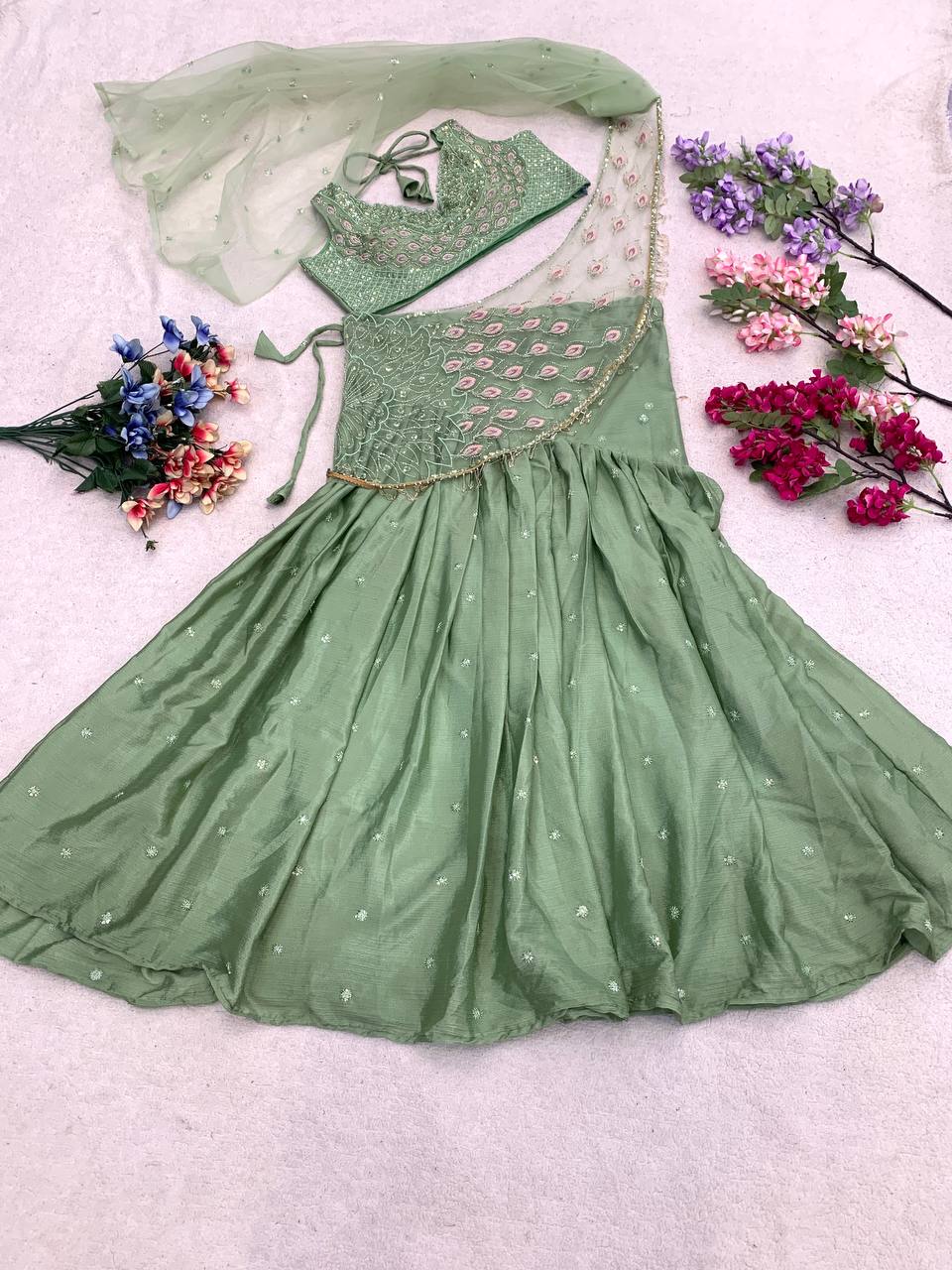 Designer Pista Ready-to-Wear Lehenga Saree with Embroidered Blouse