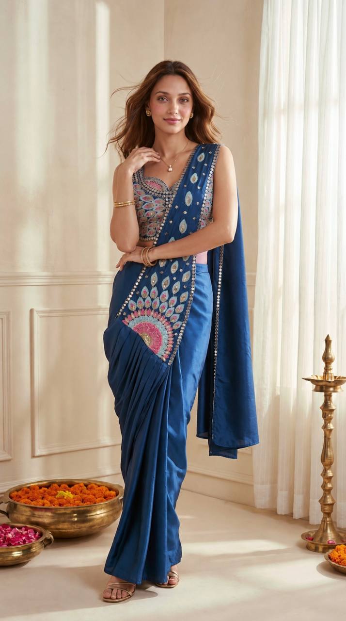 Woman in a blue saree with intricate patterns 