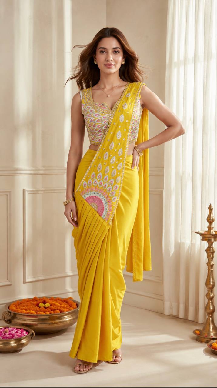 Luxury Yellow Ready-to-Wear Saree with Designer Embroidered Blouse for Women