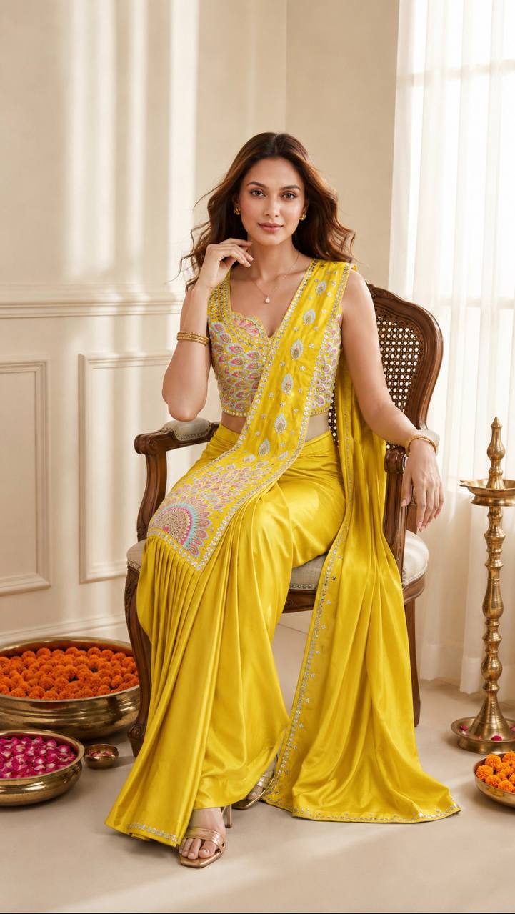 Luxury Yellow Ready-to-Wear Saree with Designer Embroidered Blouse for Women