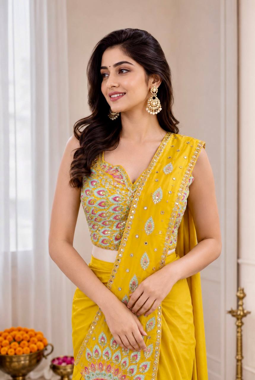 Woman wearing a yellow saree with a floral blouse
