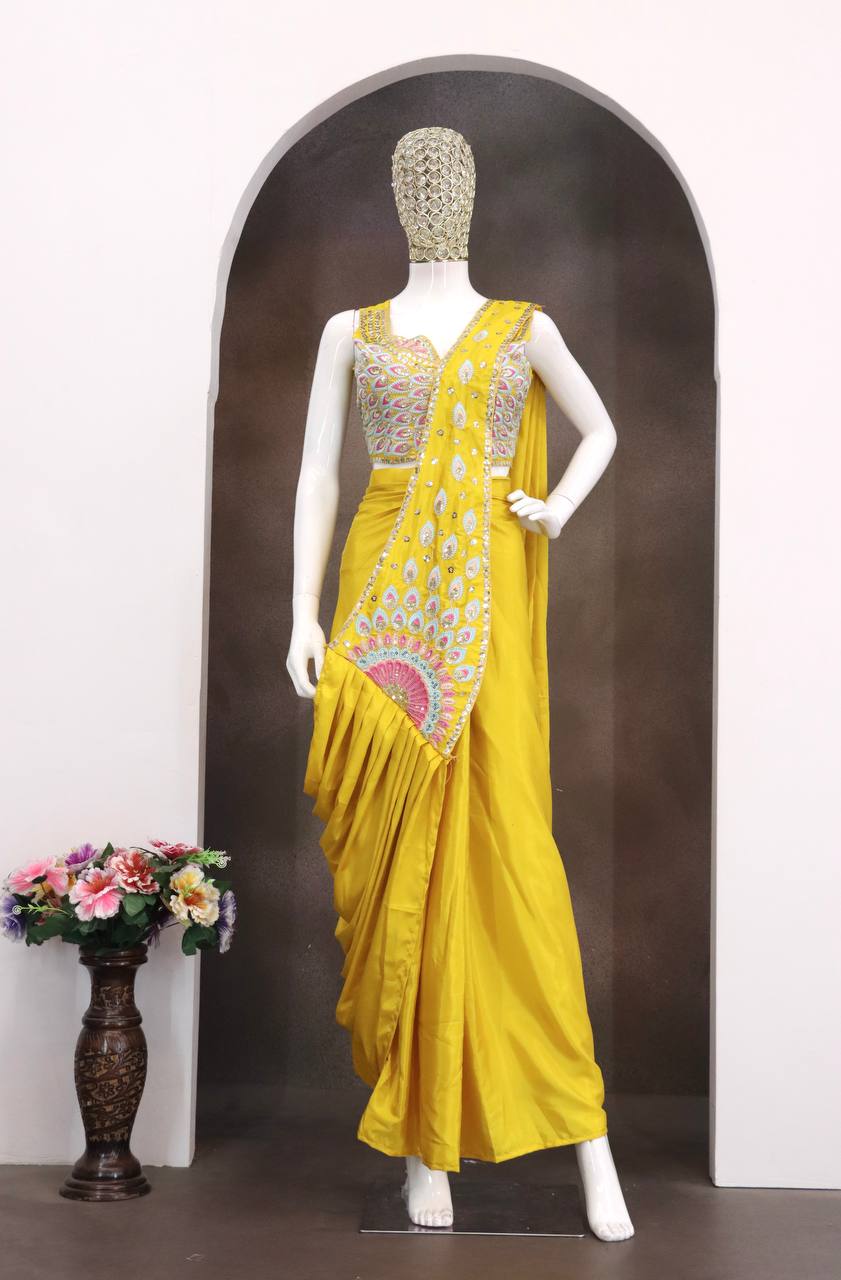Yellow saree with intricate design 