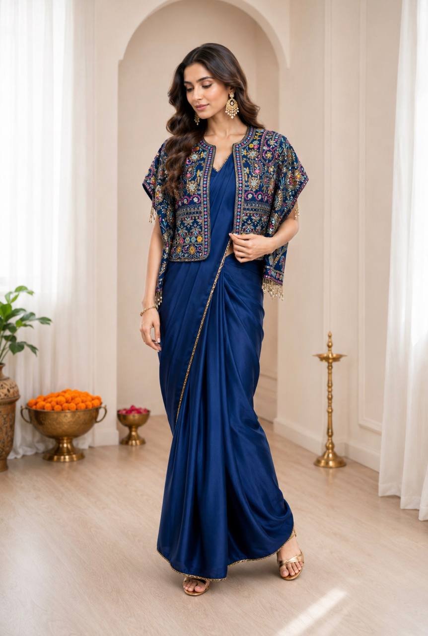 Designer Navy Blue Ready-to-Wear Saree with Colorful Jacket