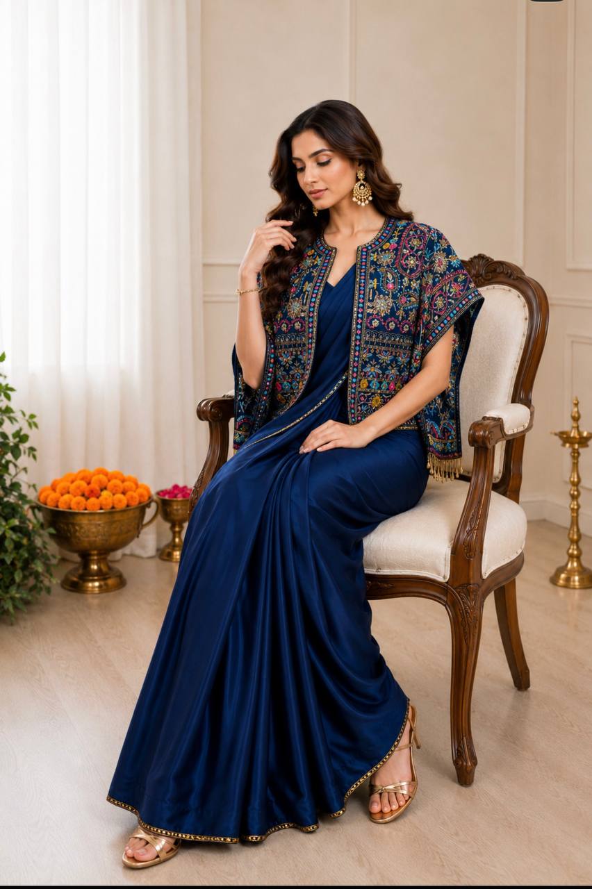 Designer Navy Blue Ready-to-Wear Saree with Colorful Jacket