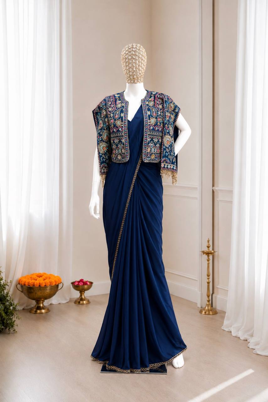 Designer Navy Blue Ready-to-Wear Saree with Colorful Jacket