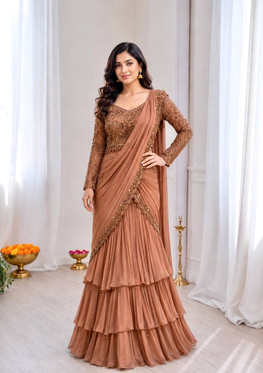 Luxury Copper Brown Embroidered Ready-to-Wear Lehenga Saree for Women