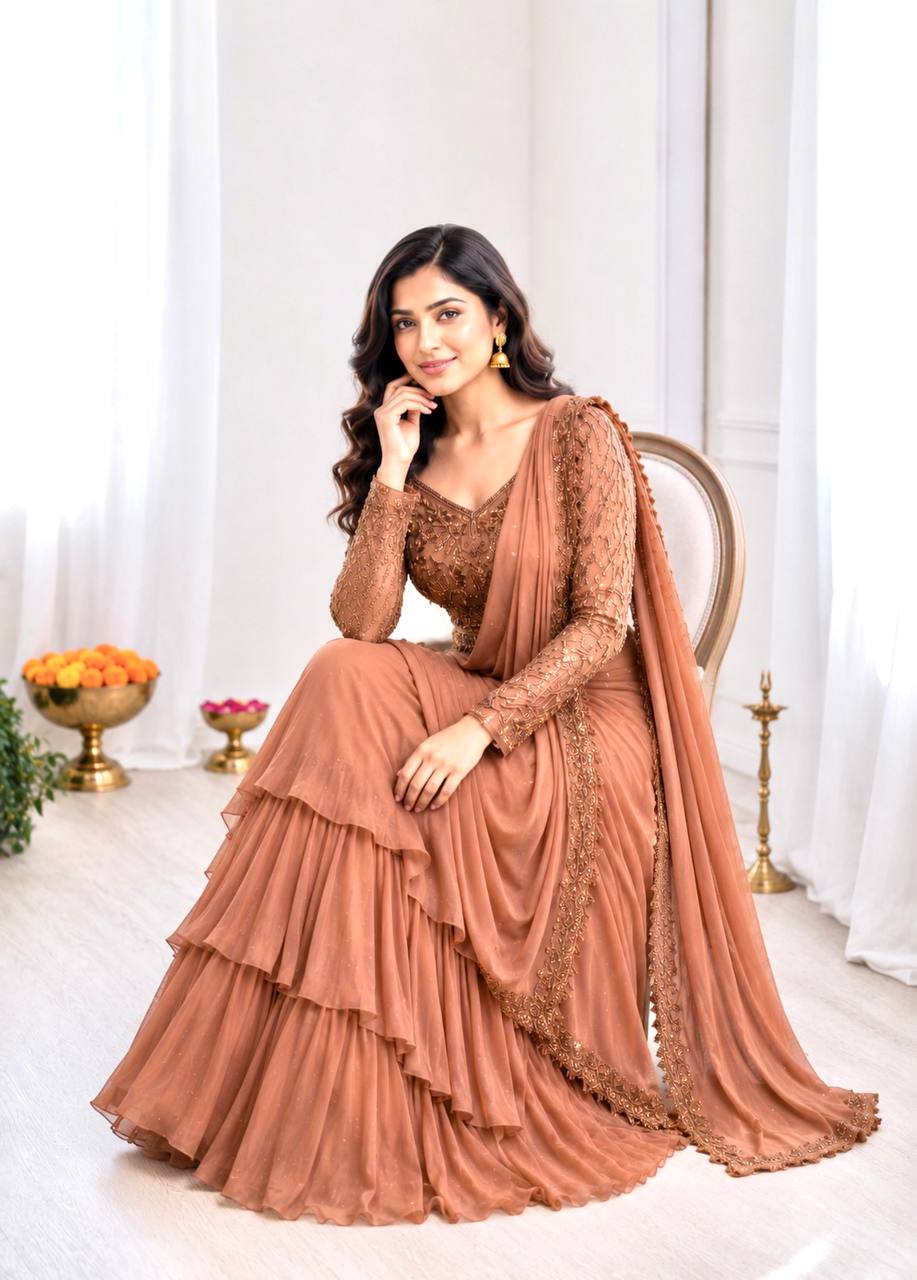 Luxury Copper Brown Embroidered Ready-to-Wear Lehenga Saree for Women