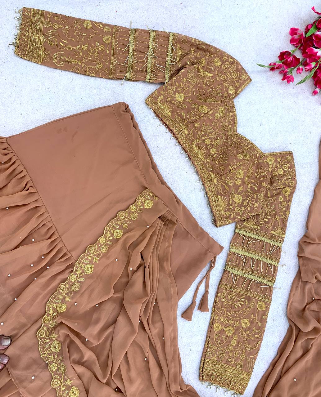 Luxury Copper Brown Embroidered Ready-to-Wear Lehenga Saree for Women