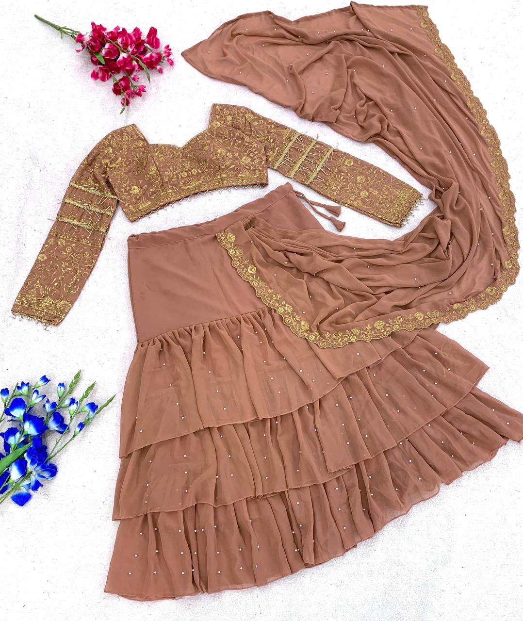 Luxury Copper Brown Embroidered Ready-to-Wear Lehenga Saree for Women