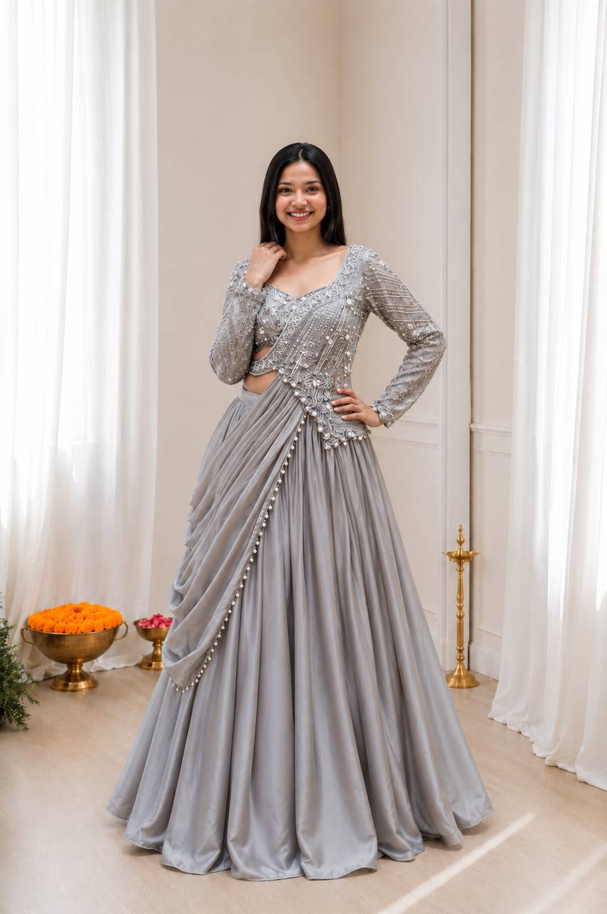 Luxury Steel Grey Embroidered Indo-Western Lehenga Choli Set for Women