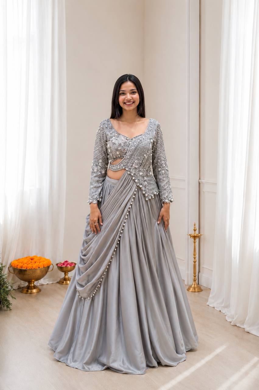Luxury Steel Grey Embroidered Indo-Western Lehenga Choli Set for Women