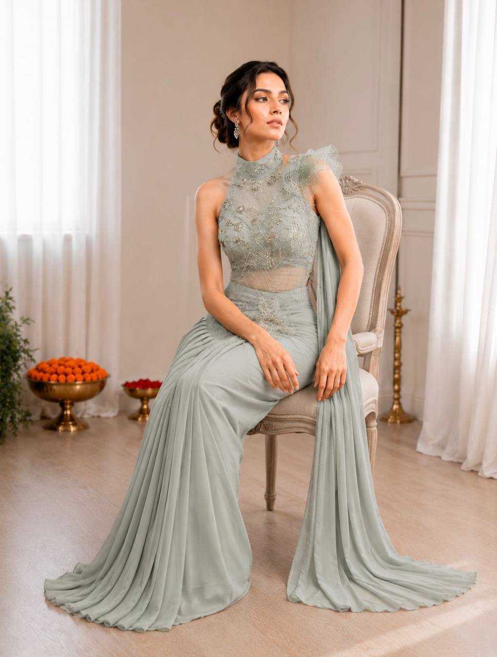 Luxury Mint Green Embroidered Ready-to-Wear Saree with Designer Blouse