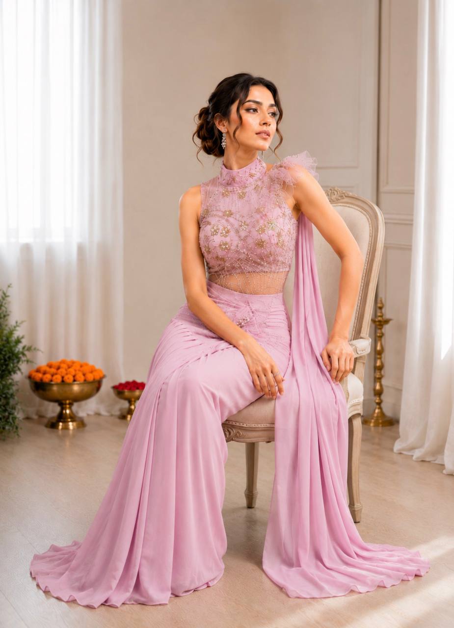 Light Pink Embroidered Ready-to-Wear Saree with Designer Blouse