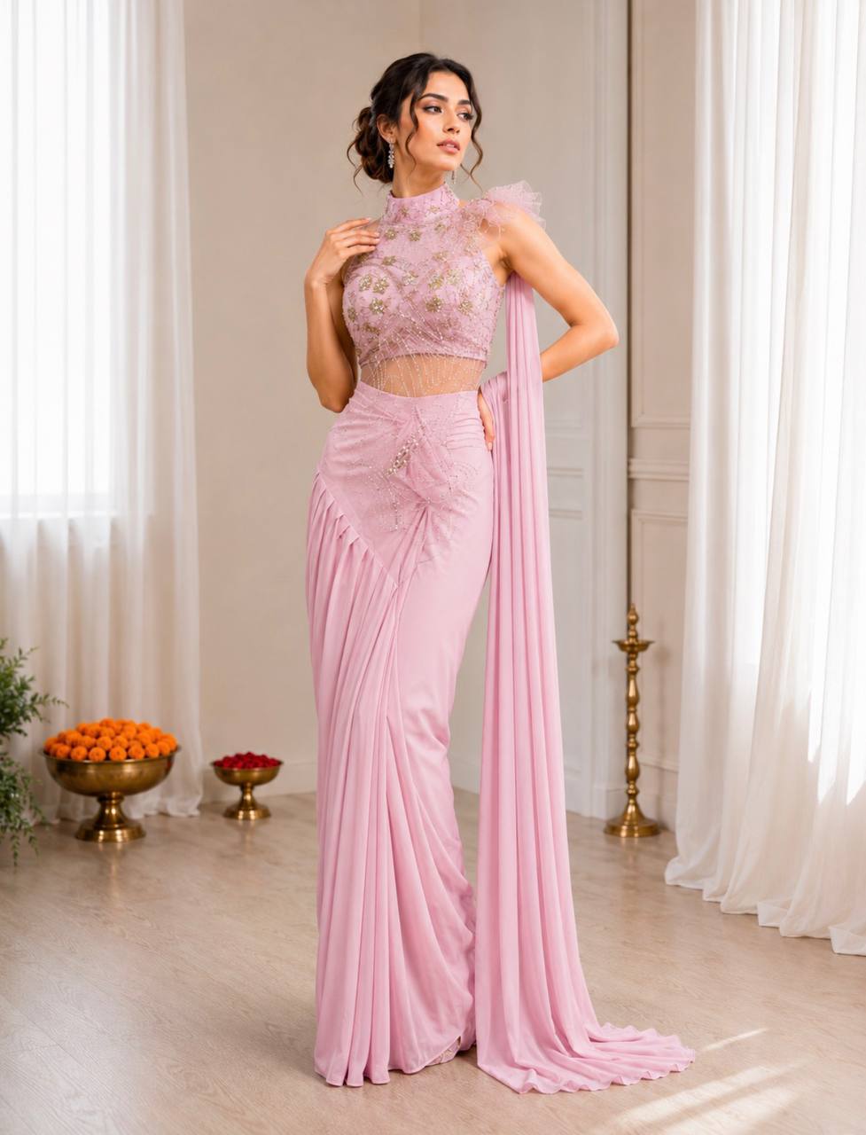Light Pink Embroidered Ready-to-Wear Saree with Designer Blouse