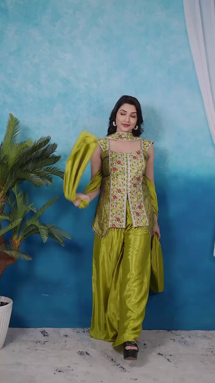 D 76 ✨ Elegant Olive Green Embroidered Palazzo Set ✨