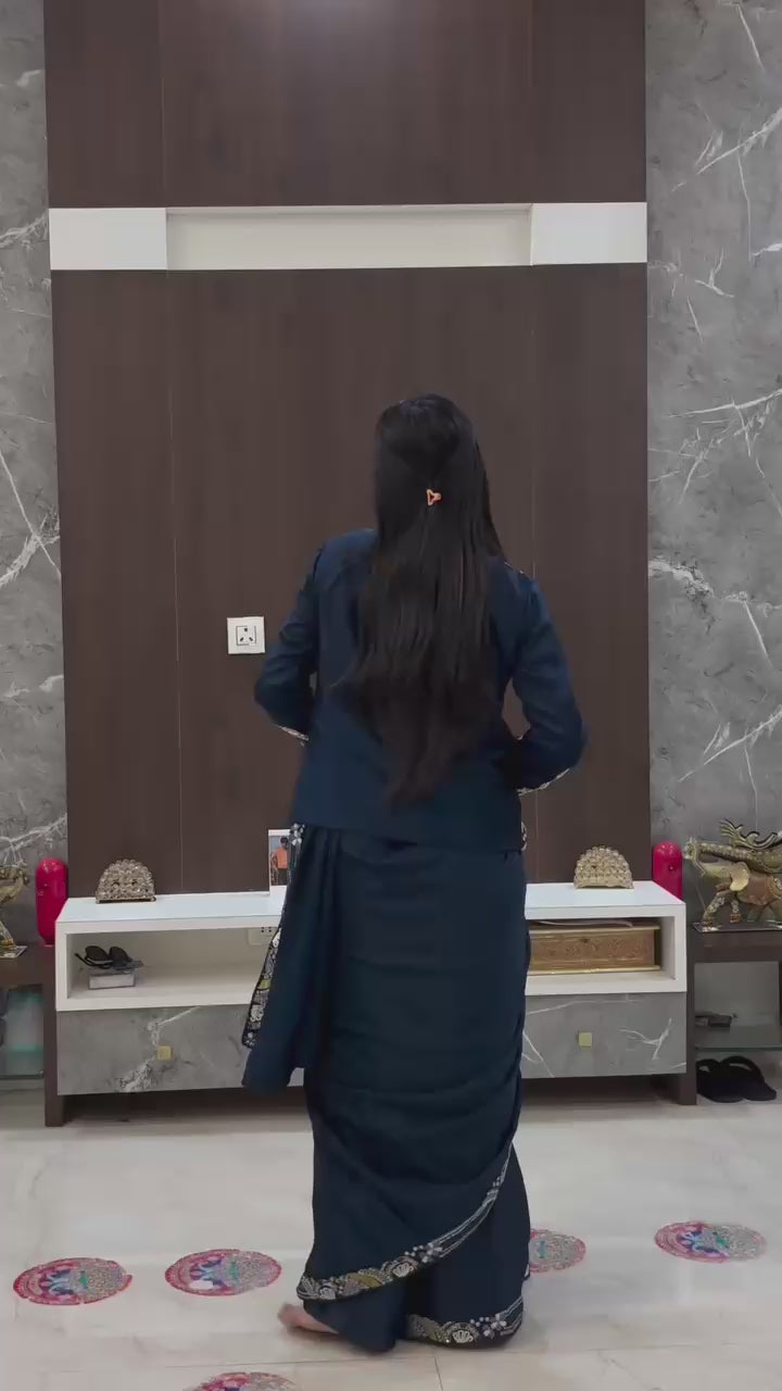 D 44 💙  Navy Blue Embellished Jacket Saree