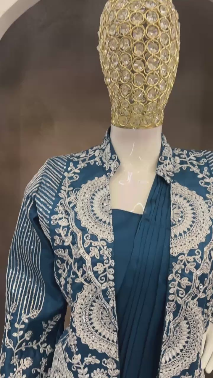 D 60 💙 Teal Blue Saree with Embroidered Jacket