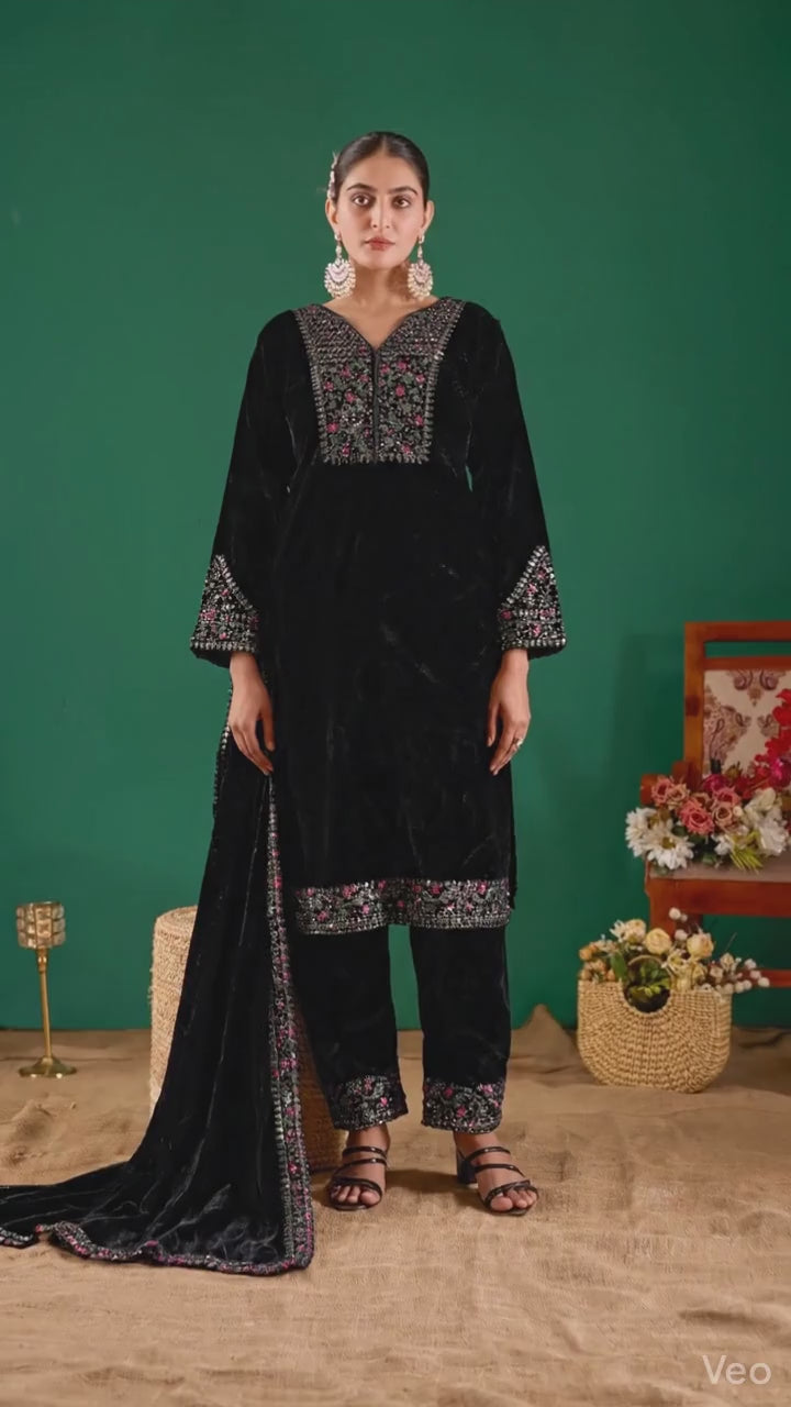 Black Velvet Design Kurti Set