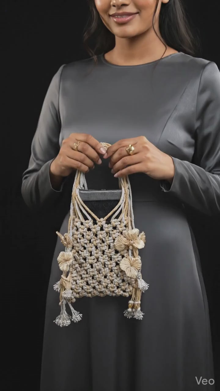 D 16 Elegant Handcrafted Potli Purse for Women, Silver & pure Gold Colour.