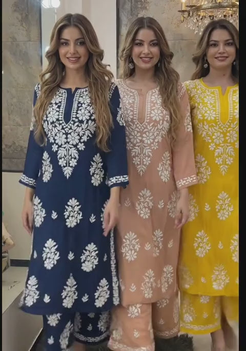 Chikankari Kurti Combo Set Yellow, Peach & Blue