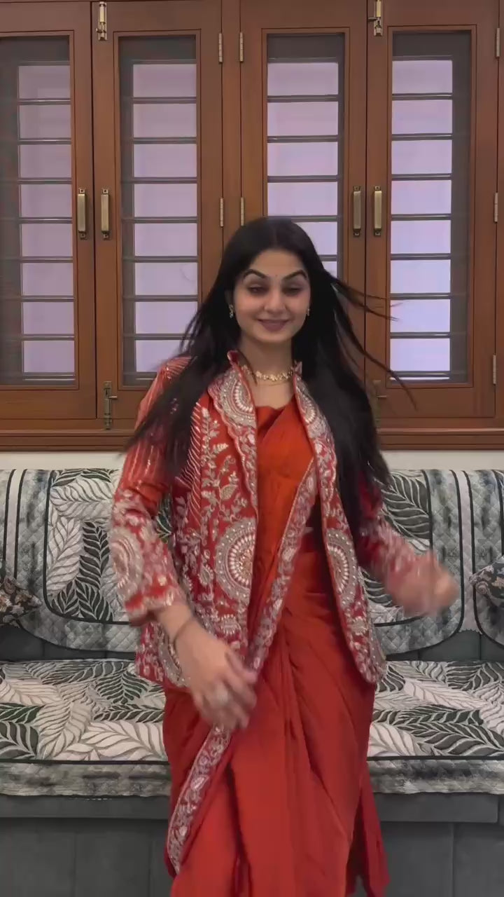 D 55 🧡 Rust Orange Saree with Heavy Embroidery Jacket