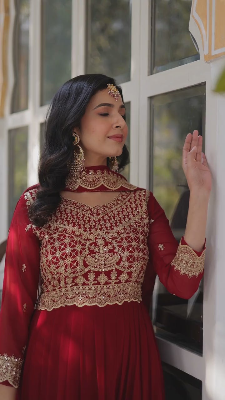 D 38 ❤️ Royal Red Embroidered Anarkali Gown with Dupatta ❤️