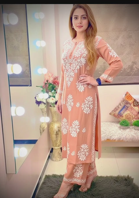 Peach Chikankari Kurti For Women