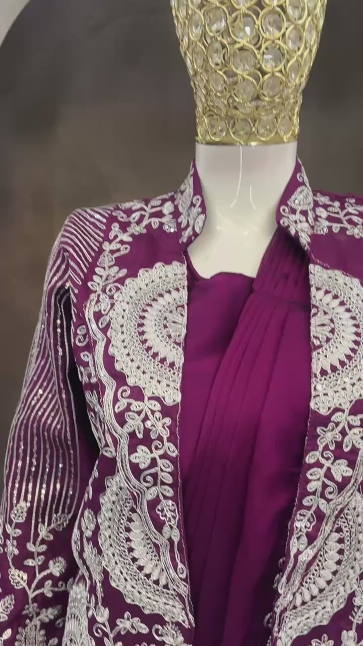D 56 🍷 Wine / Deep Plum Saree with Embellished Jacket