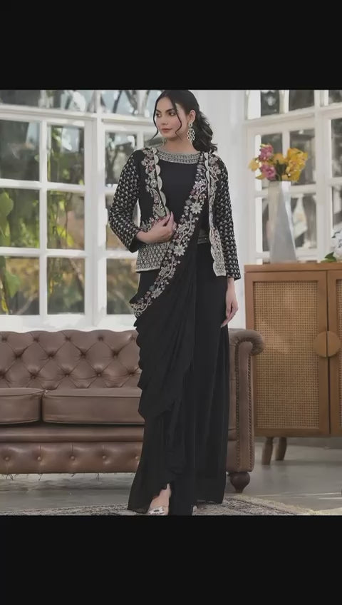 D 90🖤 Elegant Black Indo-Western Saree Set 🖤