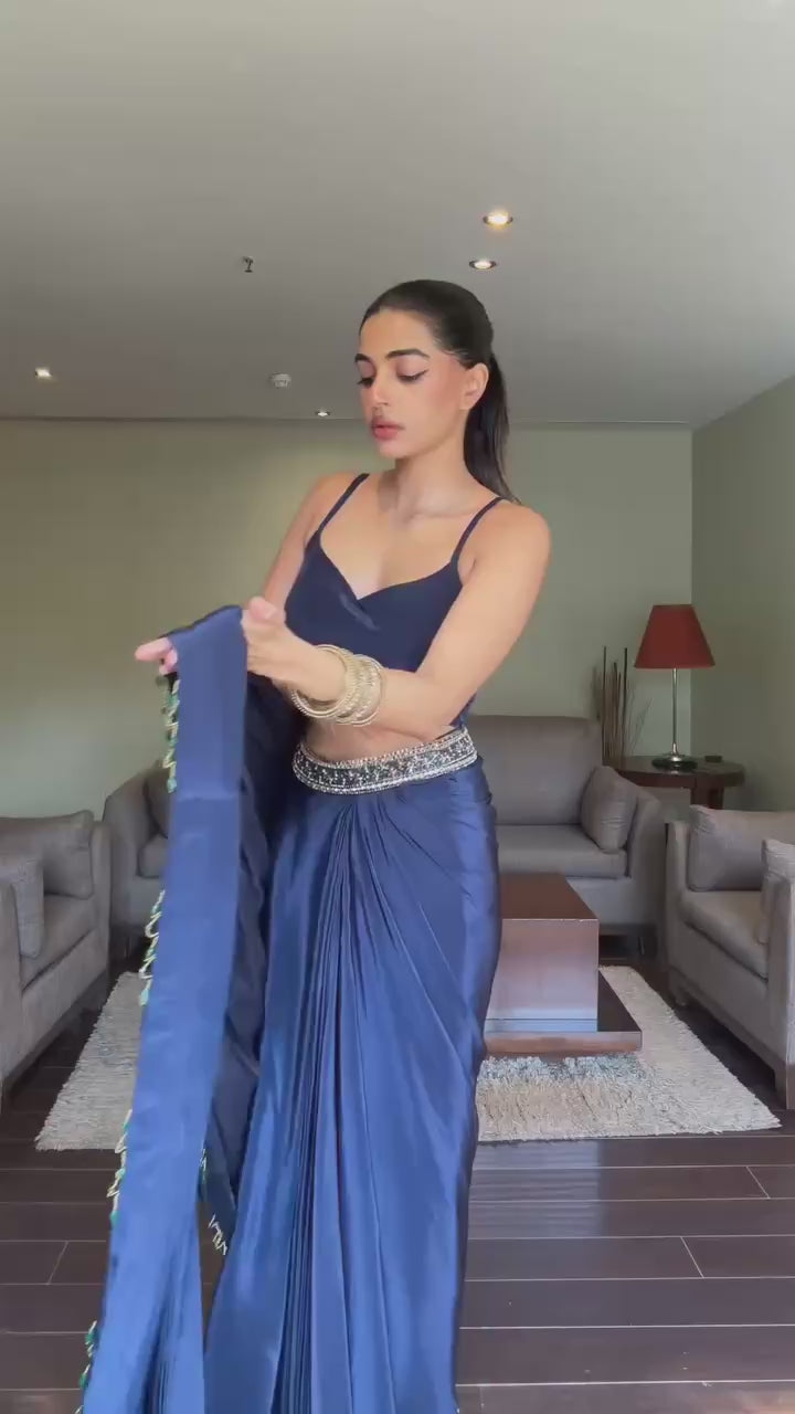 Designer Navy Blue Ready-to-Wear Saree with Colorful Jacket