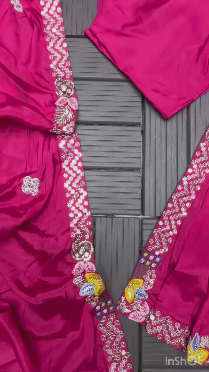 Rani Pink Embroidered Saree