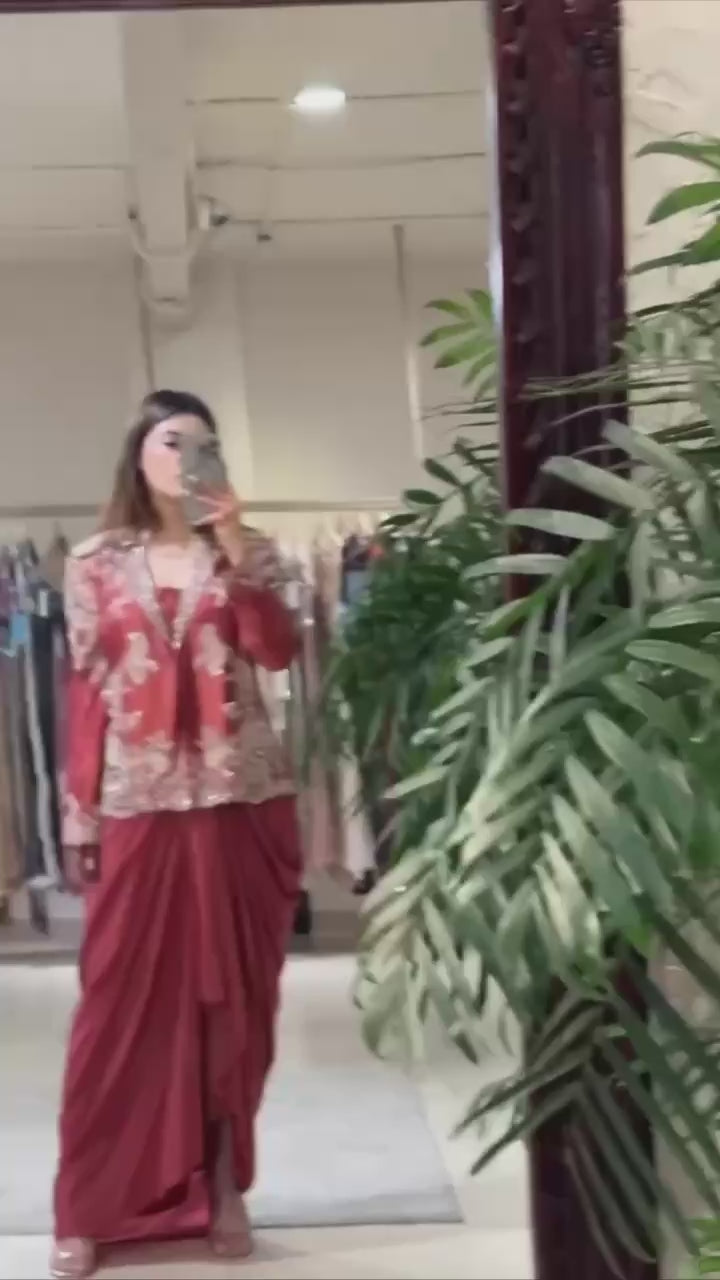 Brick Red Indo-Western Dhoti Skirt Set | Party Wear for Women