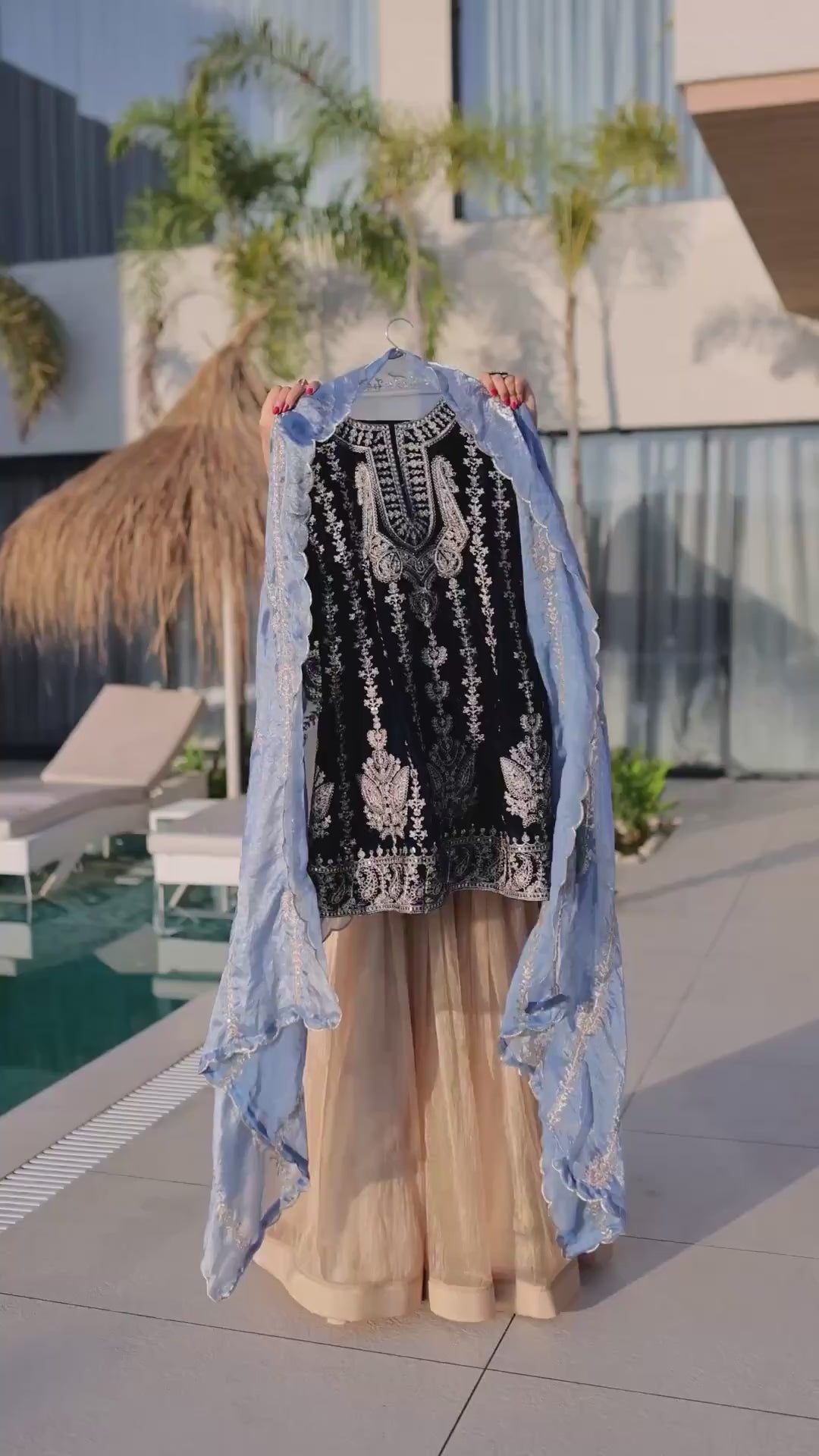blue velvet Top-Pant With Dupatta